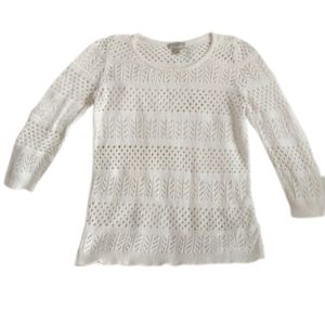 LOFT Cotton Sweater Cream Medium Knitted Lace Stitch
